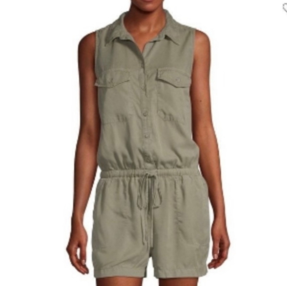 A.N.A. Sleeveless Button Down Belted Shorts Romper Sage Green 1X
